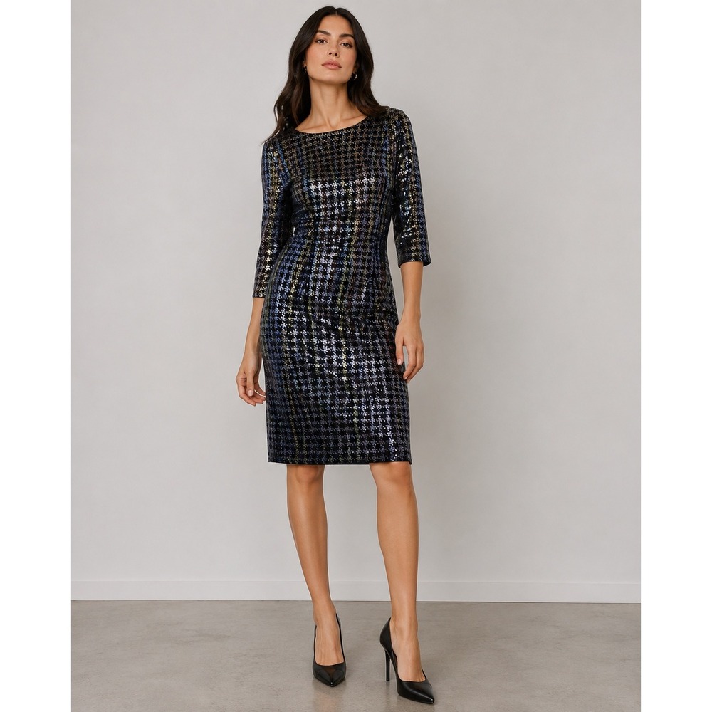 Lauren‎ Ralph Lauren Womens Sequin Houndstooth Sheath Dress Black Silver 10